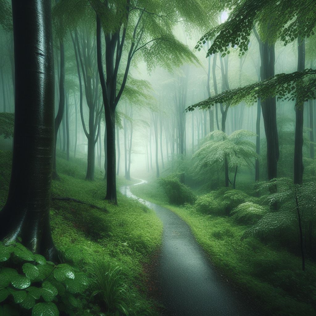 Midjourney prompts to generate a realistic photo of a rainy forest